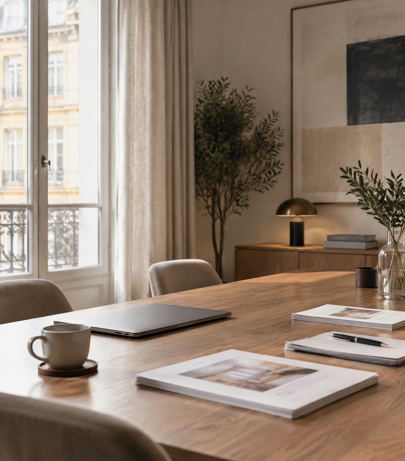 A quiet consultancy meeting room with documents prepared on the table