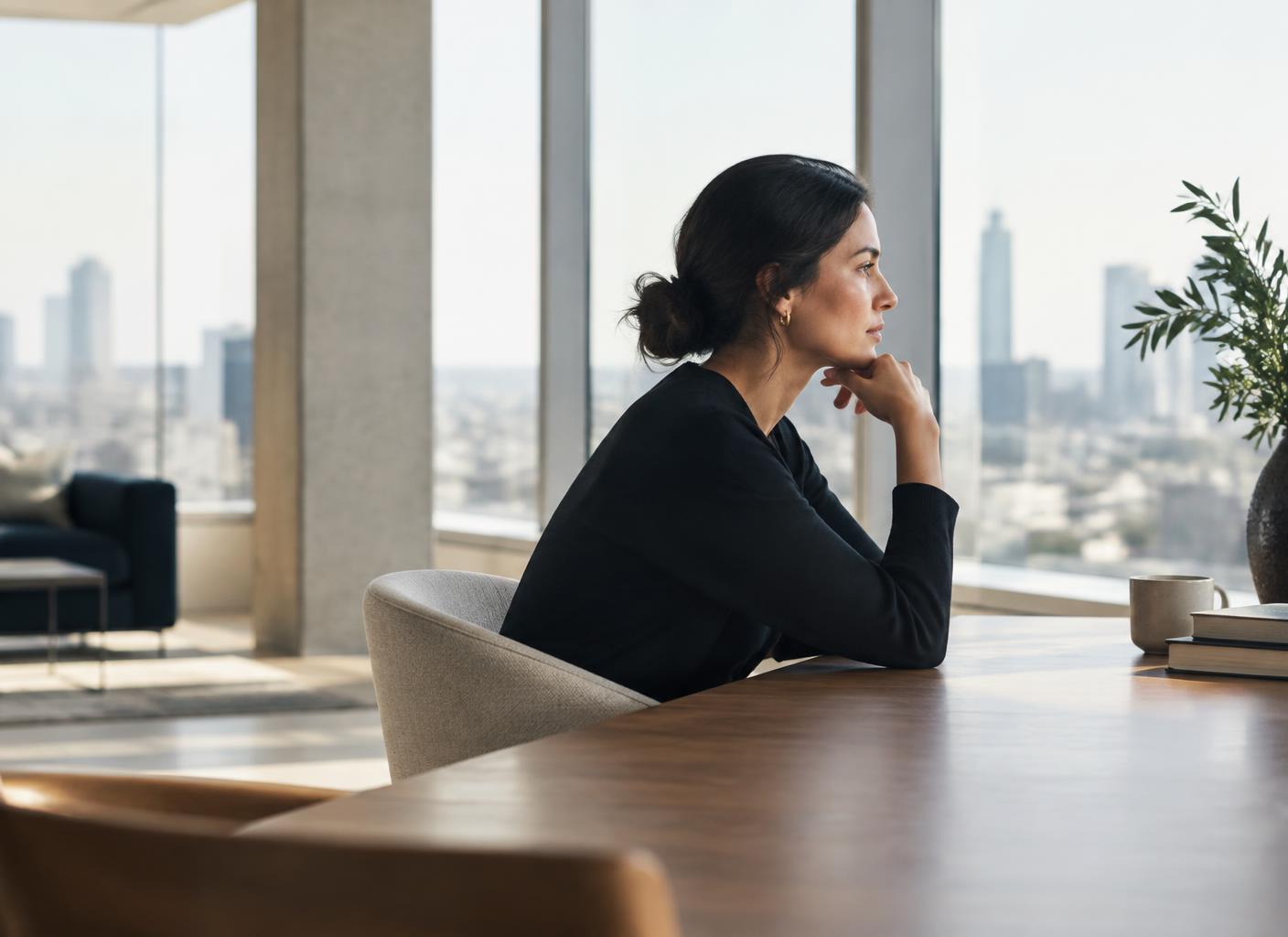 Professional considering her next steps in a quiet office