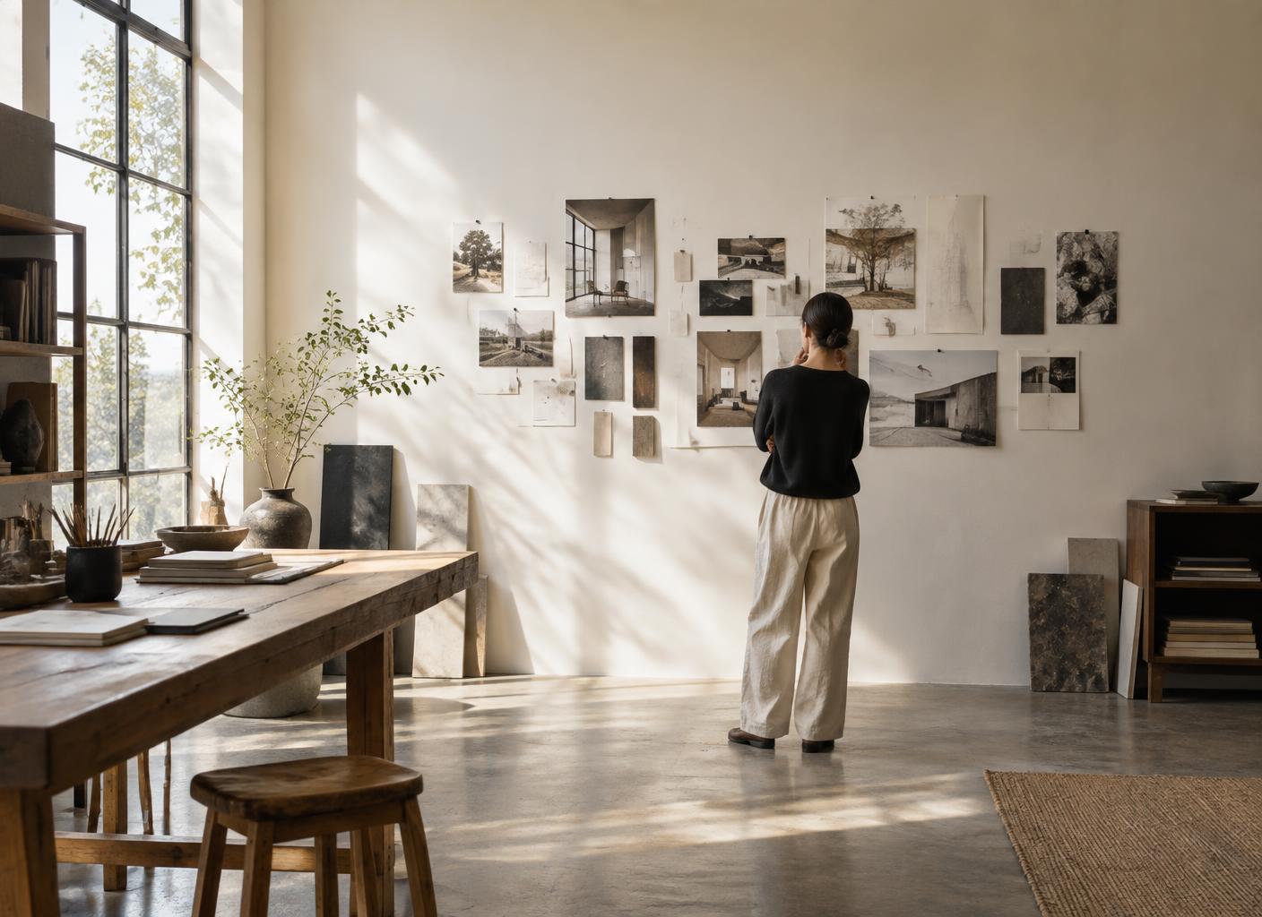 Creative professional reviewing work in a studio